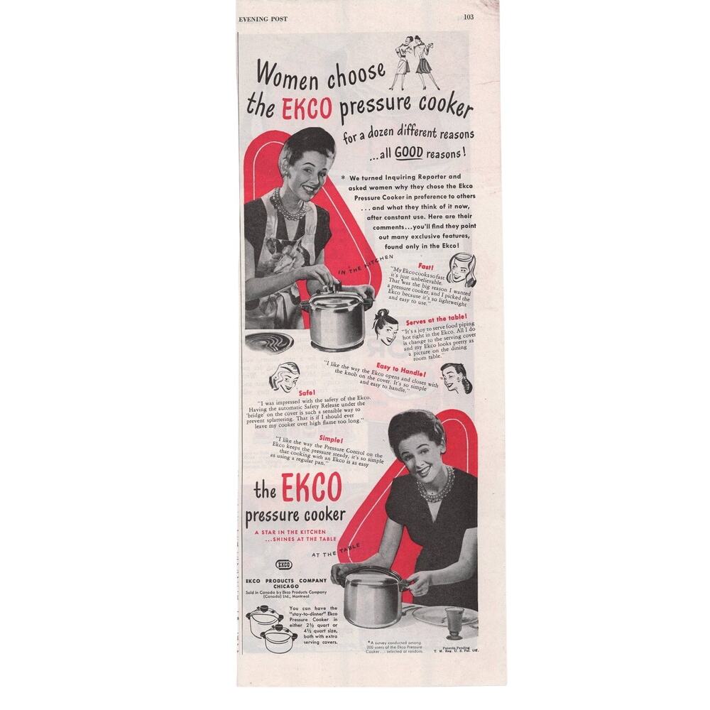 Ekco Pressure Cooker Magazine Advertisement Vintage 1946 Kitchen Home Women